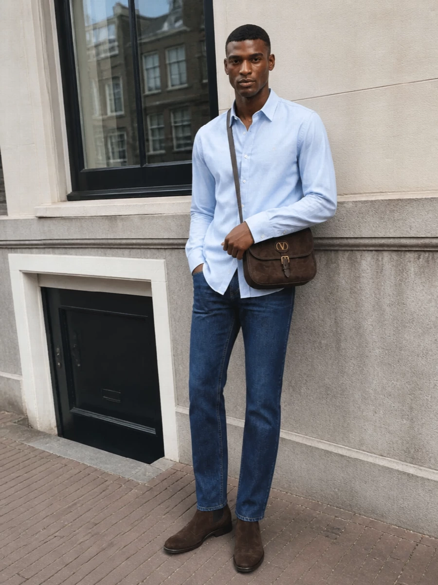 Dark indigo denim meets a light blue Celine shirt for a clean, tailored take on casual that feels calm rather than stark. Chocolate suede Chelsea boots add depth and structure without formality, while the coordinating Valentino shoulder bag keeps everything grounded in soft, quiet tones. The result is relaxed city polish with just enough precision to move from daytime errands to dinner.