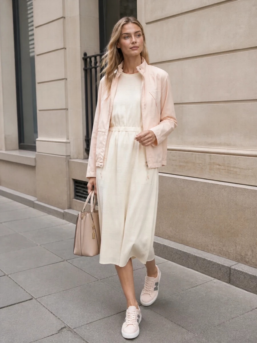 This look leans into a tonal, sport-luxe narrative: the blush Moncler anorak layered over the ivory drawstring midi dress creates an elongated, cocooning column that feels effortless yet considered for spring city days. Blush-beige leather sneakers keep the palette cohesive and quietly athletic, while the structured Chloé tote introduces just enough polish and definition to make the outfit feel boutique-level refined rather than purely athleisure.