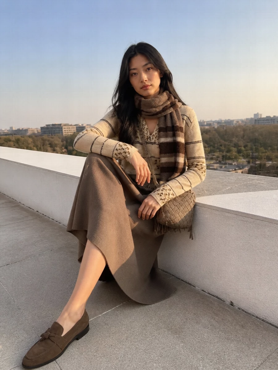 Bottega veneta knit sweater taupe midi skirt outfit
