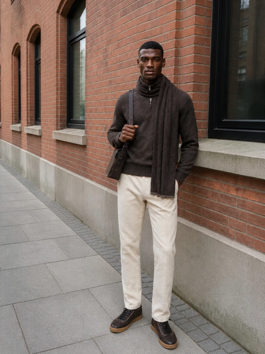 Brunello cucinelli mocha half zip cream trousers