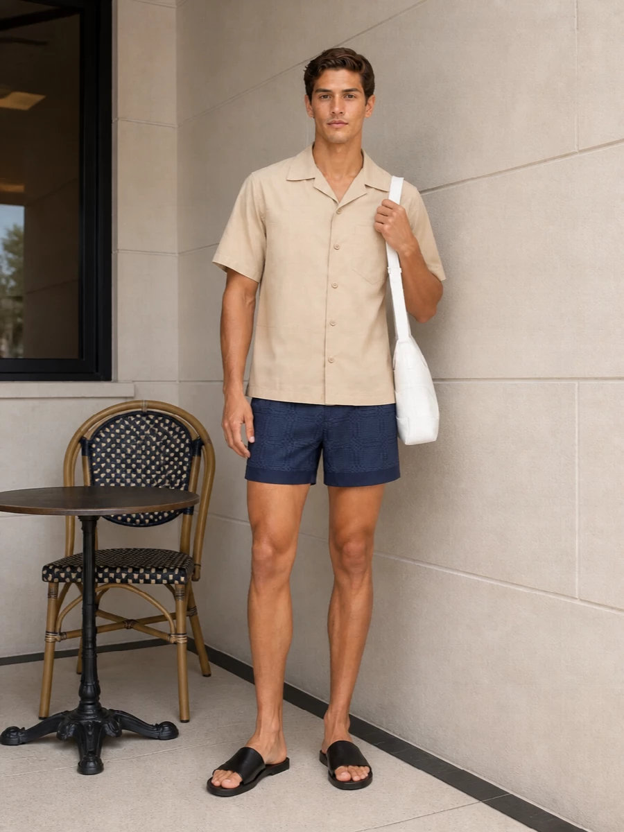 A slate-navy swim short is grounded with a clean beige camp shirt for a quietly confident resort pairing that feels relaxed but considered. Black leather slides keep the line minimal, while a sculptural white shoulder bag adds just enough contrast and structure for poolside bars or coastal city walks.