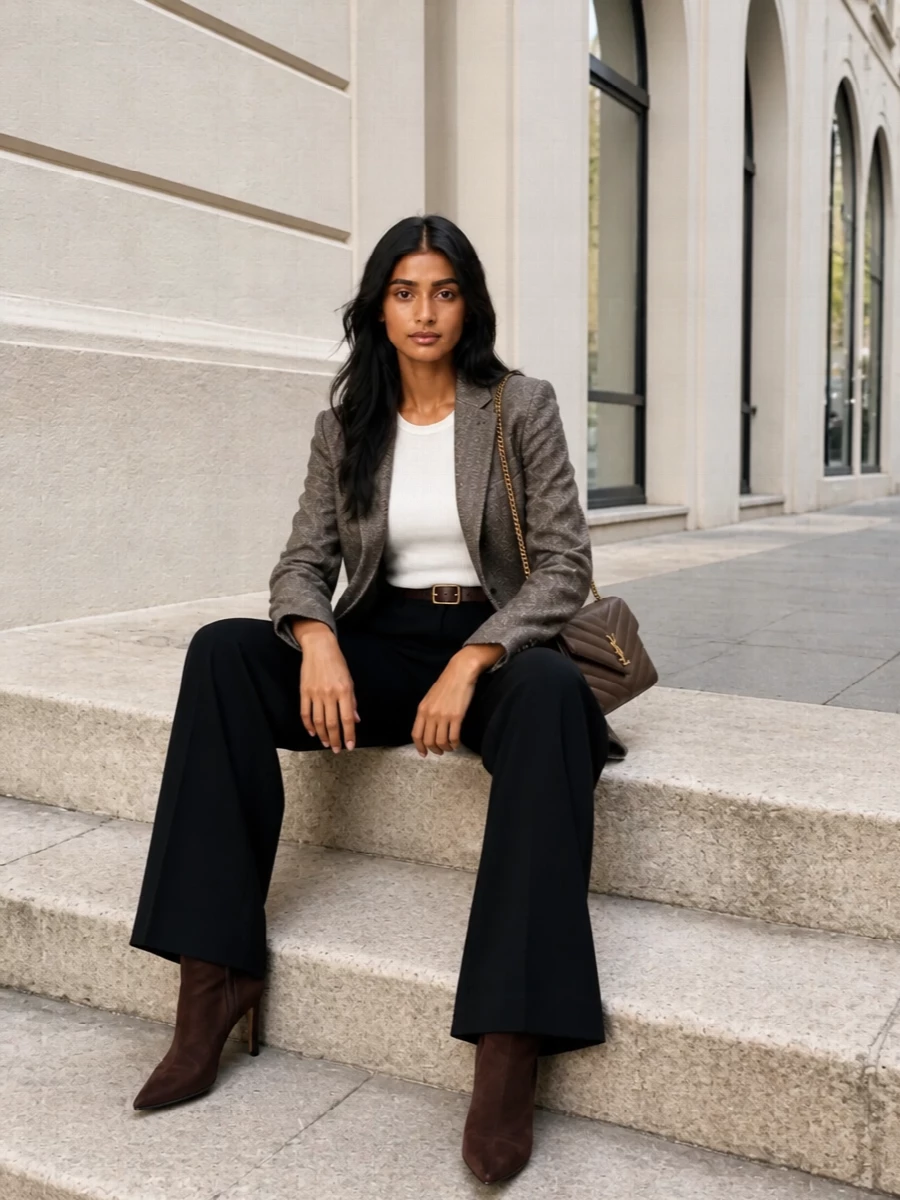 A taupe herringbone blazer sharpens against long, high-waisted black tailoring for a clean, elongated line. Chocolate suede heels and a deep taupe shoulder bag keep the palette warm and restrained, while a slim dark-brown belt quietly defines the waist. The result is boardroom-ready suiting that moves easily into dinner without ever feeling overworked.
