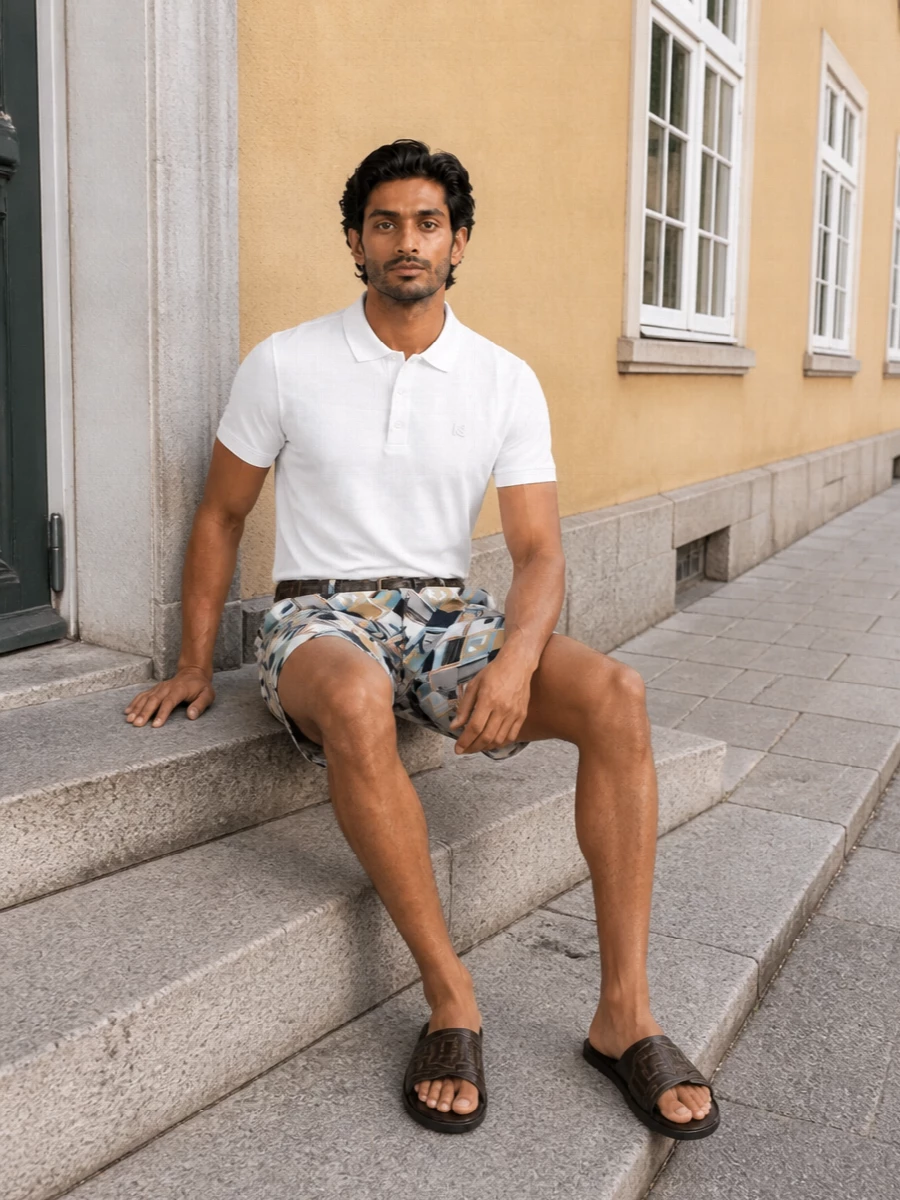 Fendi swim shorts white polo slides outfit