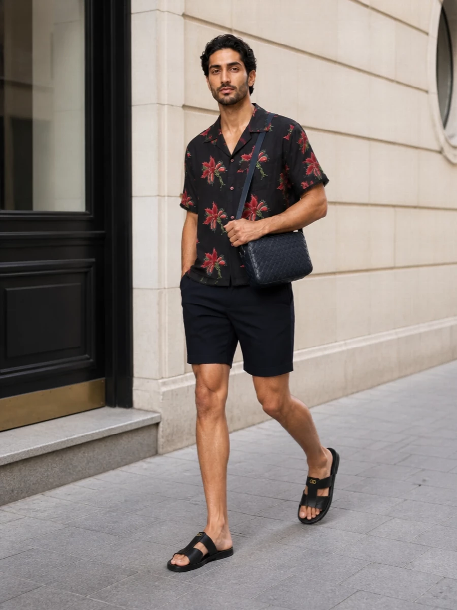 Valentino floral camp shirt navy tailored shorts outfit
