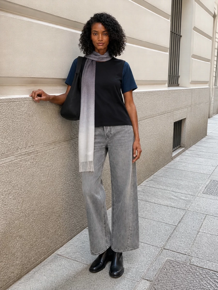 A graphic black and navy tee meets washed grey wide-leg denim for a quiet street uniform that still feels considered. Ink-black Chelsea boots and a sculptural black shoulder bag keep everything clean, grounded and city ready. The ombré scarf pulls in soft greys and winter white, adding length and subtle contrast without disturbing the minimal mood.