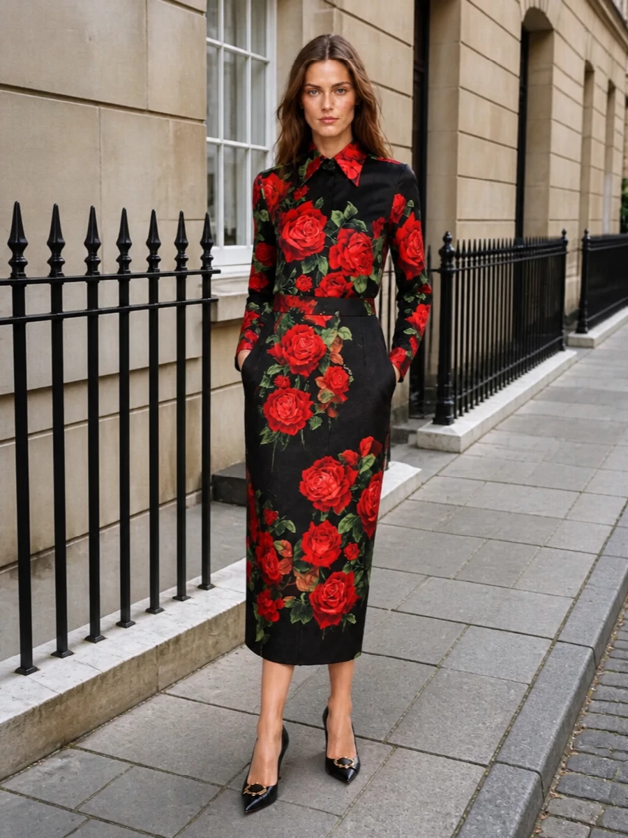 This is full Dolce romance: the rose-print shirt and matching jacquard pencil skirt read as a sculpted, floral column in inky black, crimson and leaf green. Sleek black stilettos and a structured rose bag keep the drama focused, turning the print into a polished, feminine statement perfect for dressy dinners or cocktail hours.