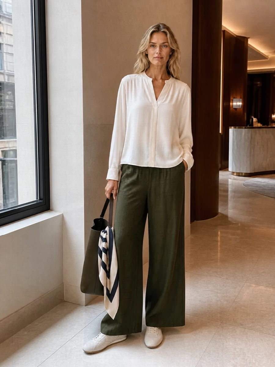 Toteme olive wide leg trousers ivory blouse outfit