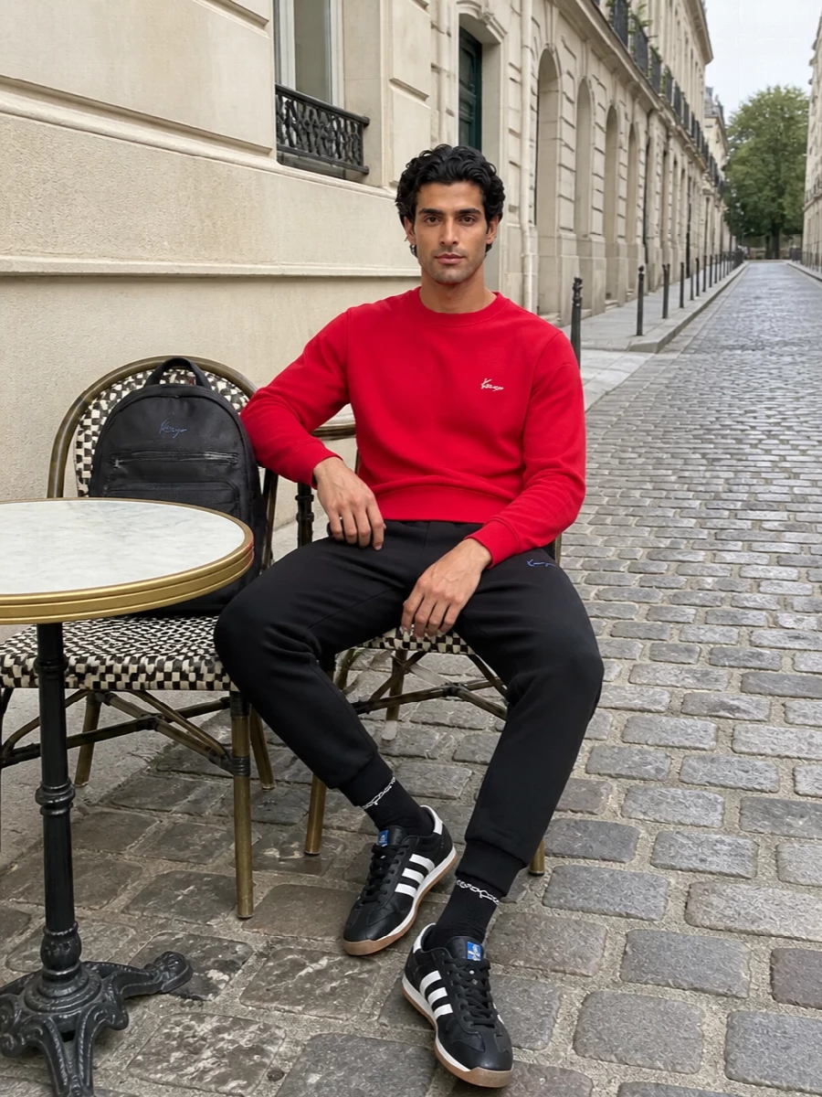 Kenzo red sweatshirt black joggers adidas sneakers