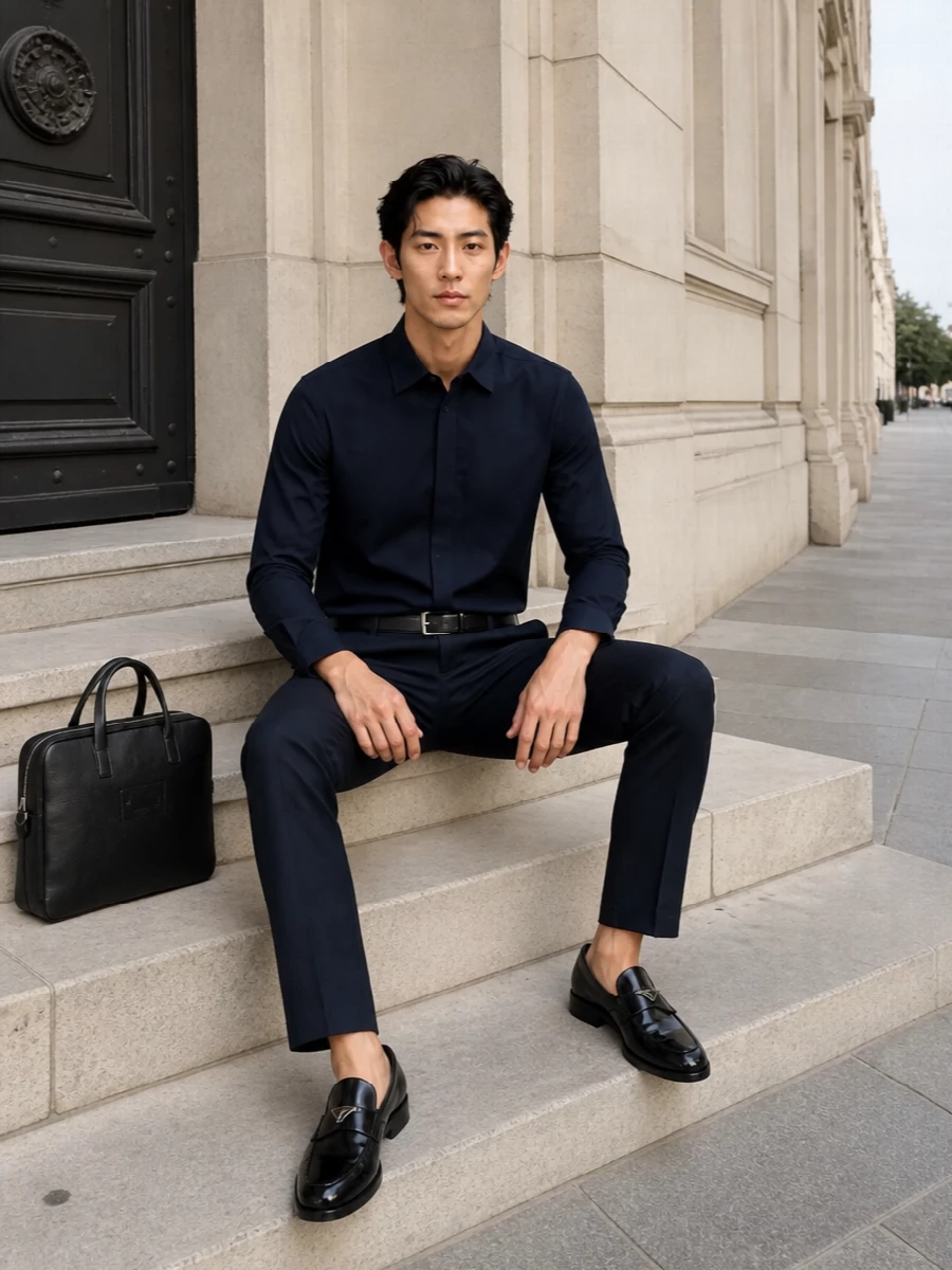 Max mara navy shirt tailored trousers prada loafers