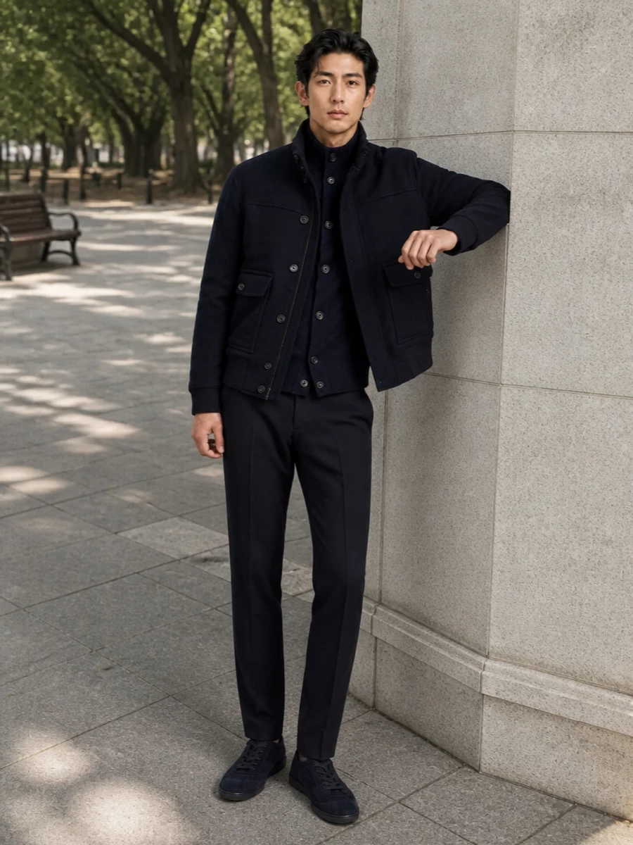 Lardini navy field jacket tailored trousers outfit