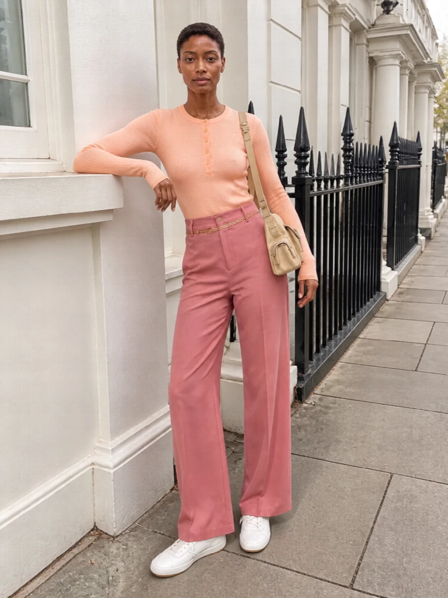 Chloe peach knit dusty rose wide leg trousers