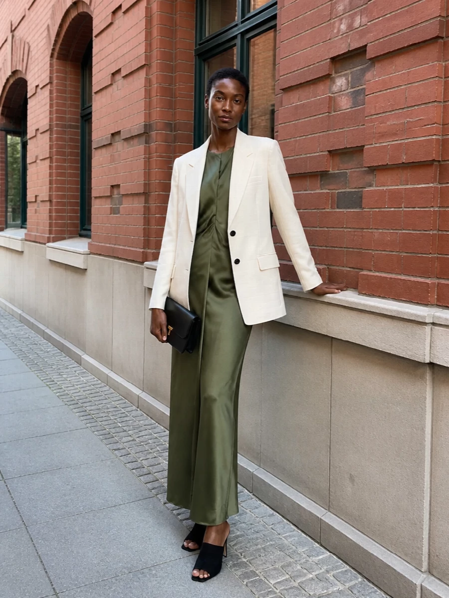 Toteme ivory blazer olive satin dress outfit