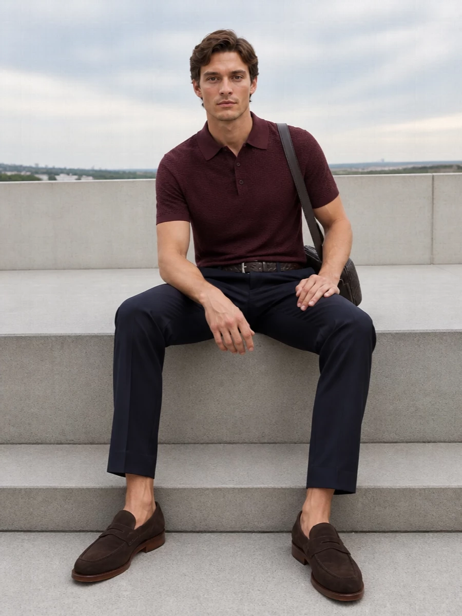 Brioni burgundy polo navy trousers brown loafers
