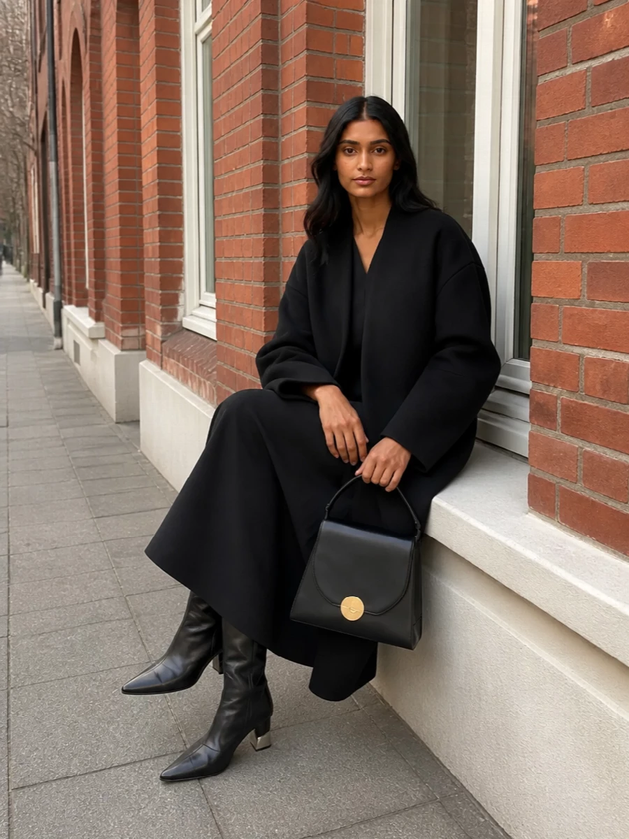 Jil sander black coat midi dress outfit