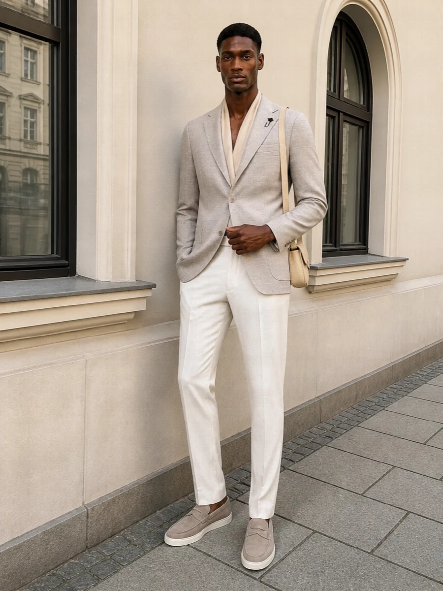 Lardini taupe blazer ivory trousers suede loafers