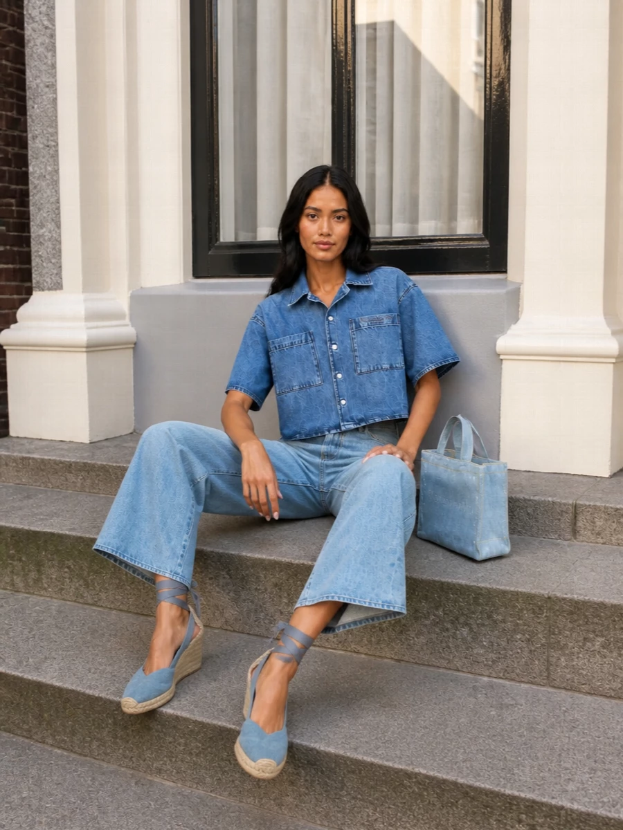 Alexander wang denim shirt wide leg jeans outfit
