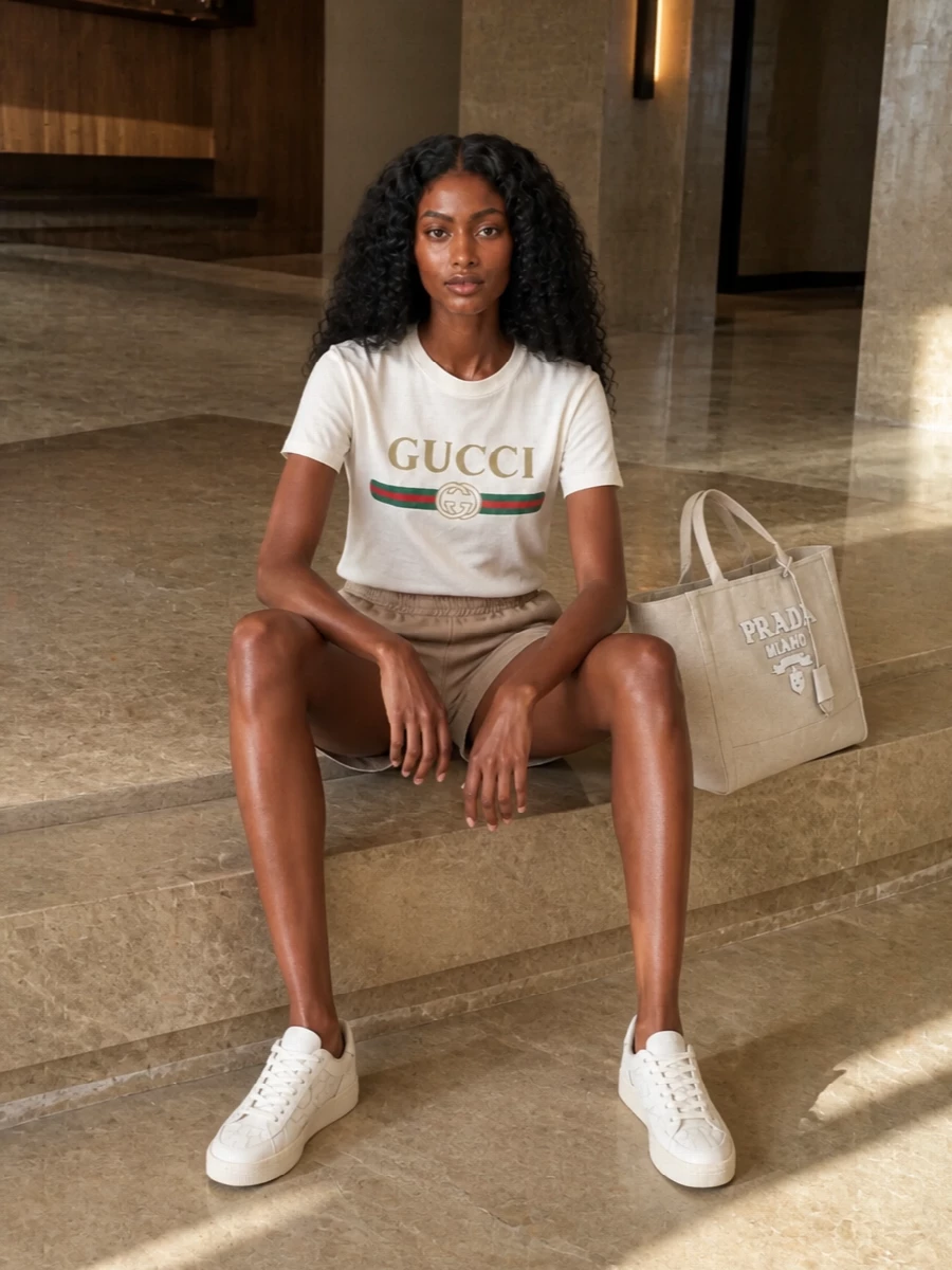 A Gucci logo tee meets Fendi taupe shorts for a clean, branded take on laid-back preppy. Soft neutrals and relaxed cuts keep it warm-weather ready, while Golden Goose sneakers and a Prada canvas tote add just enough Italian polish. It is the kind of easy city uniform that still reads considered from brunch to late-afternoon errands.