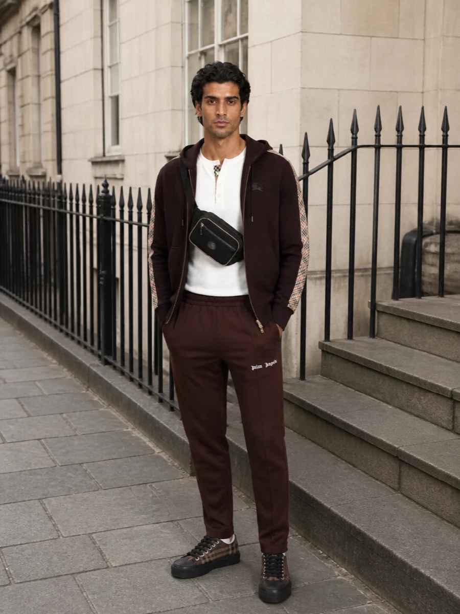 Burberry hoodie brown track pants sneakers outfit