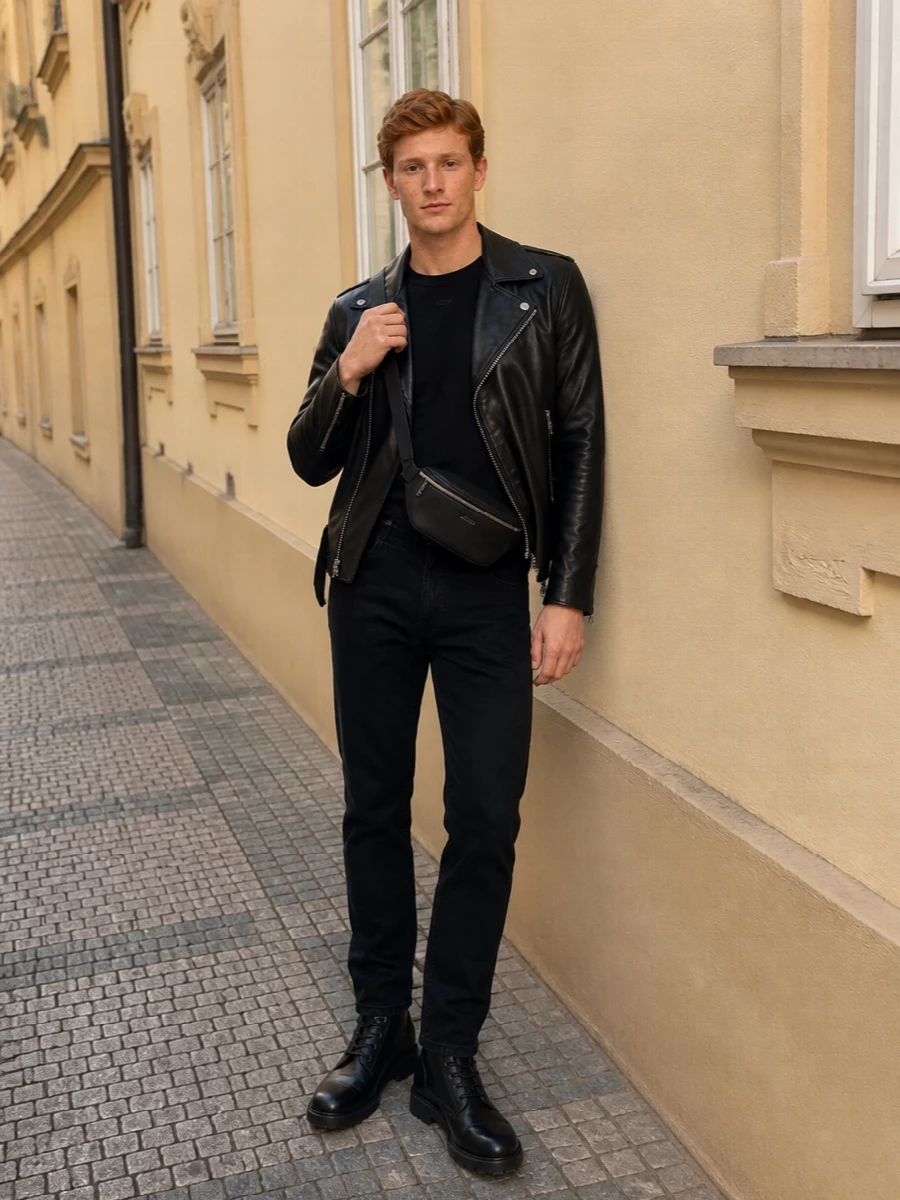 A black Diesel biker sits over a fine knit, straight black denim and sharp combat boots for a dark, club-ready city uniform. The Saint Laurent belt bag keeps it functional and streamlined, with hardware that quietly mirrors the jacket zips. It is all about controlled aggression, clean lines and a consistent black palette that reads confident after dark.