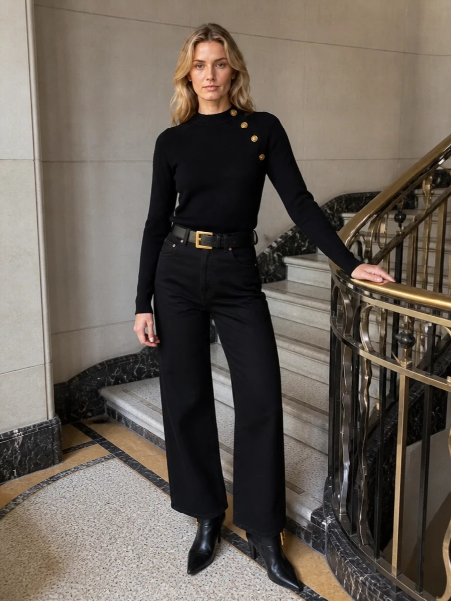 Balmain black wide leg jeans knit boots outfit
