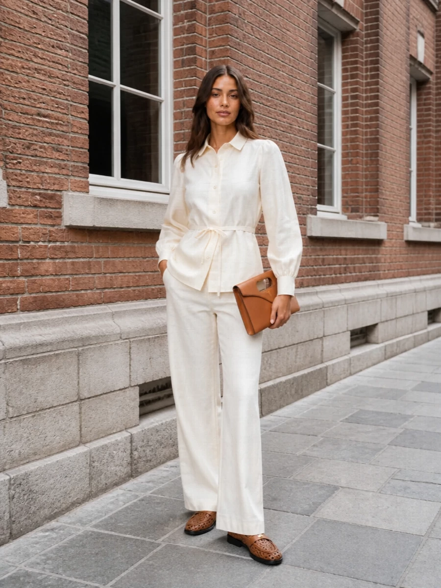 A quietly confident take on summer tailoring, this pairing leans into creamy ivory and soft neutrals so the woven cognac loafers and clutch read as considered highlights instead of statements. The waist-sculpted shirt and fluid wide-leg trousers create a long, clean line that feels relaxed yet precise, directly echoing how these shoes were meant to be worn. Choosing top and trouser over a dress keeps the mood grounded in modern, intelligent ease rather than occasion dressing.