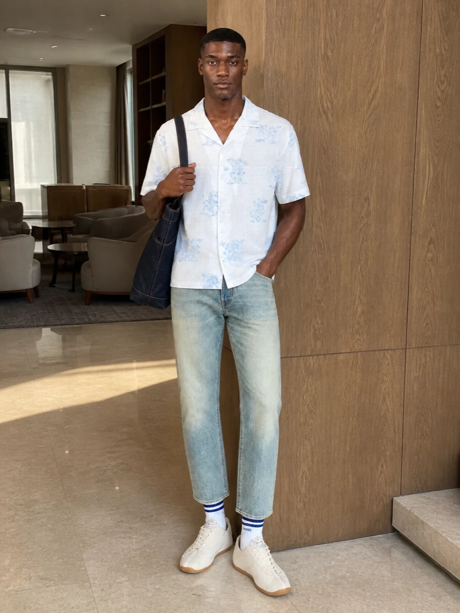 Kenzo denim jeans floral camp shirt sneakers