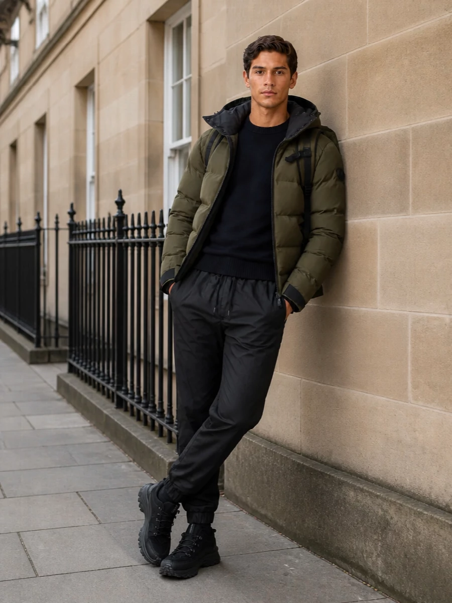 Moncler grenoble olive puffer black joggers outfit