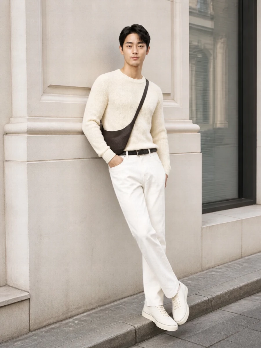 This look leans into a soft tonal story, pairing the buttercream Row knit with off-white Brunello Cucinelli trousers for a clean, elongated SS silhouette. Off-white sneakers keep the palette light and relaxed, while the espresso Bottega crossbody and a finely textured black belt introduce just enough depth to keep the outfit grounded yet impeccably minimal. It’s an elevated everyday uniform that reads quietly luxurious from brunch to gallery evenings.