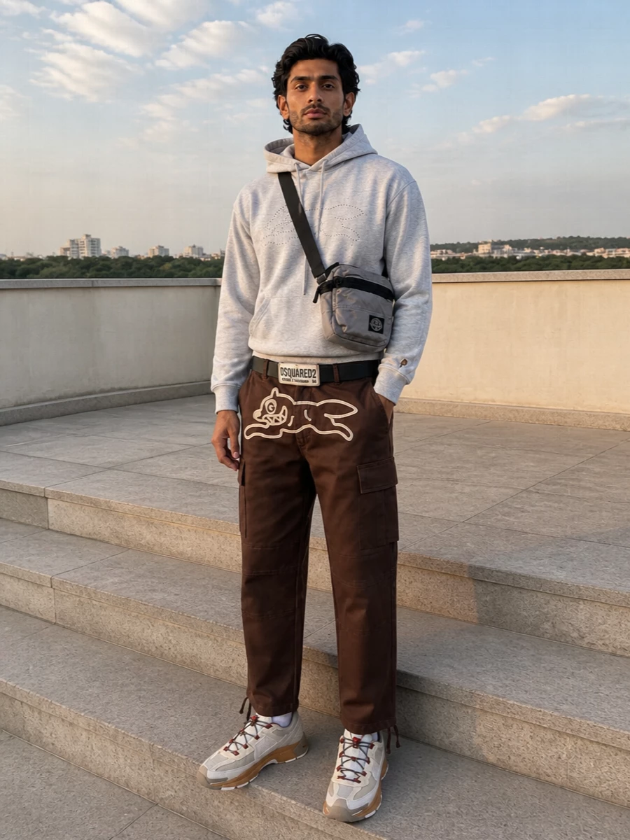 Icecream hoodie brown cargo pants nike sneakers