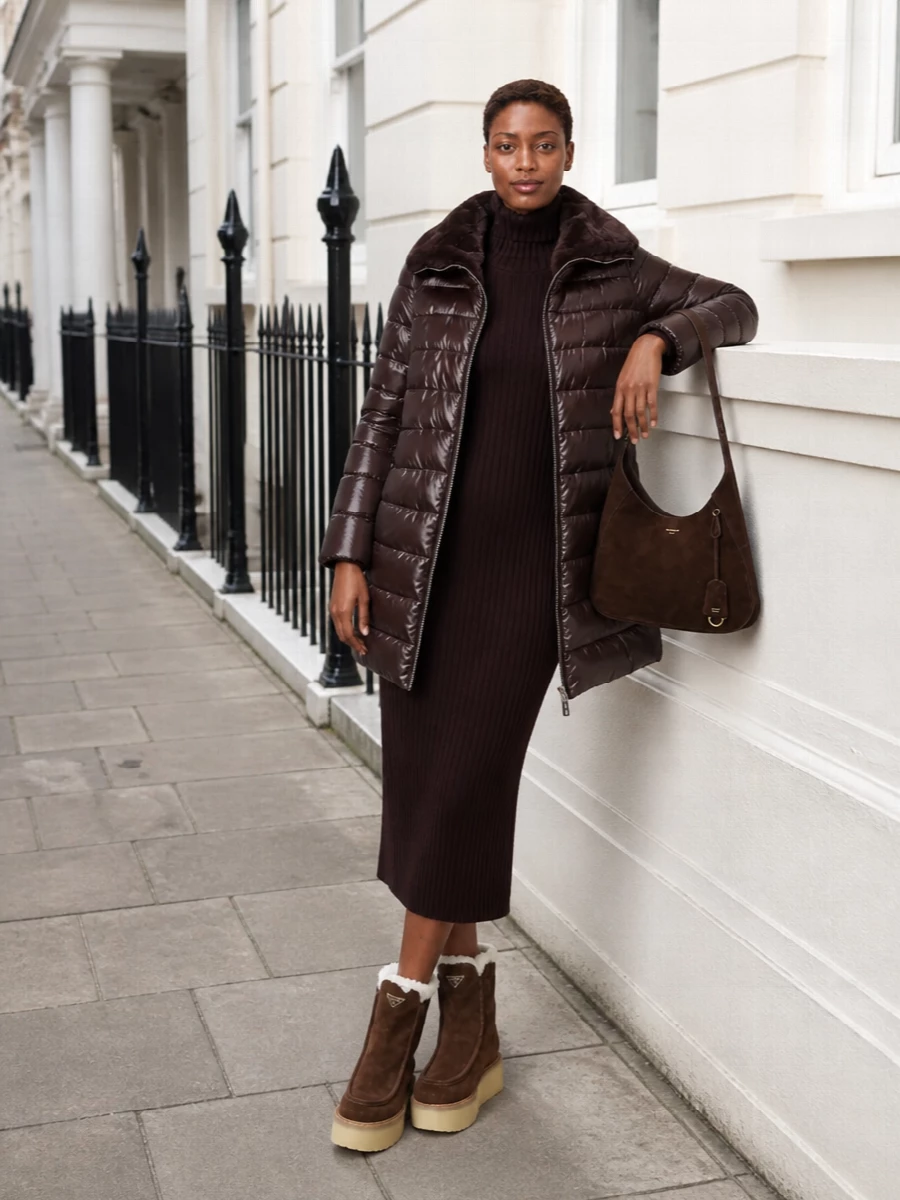Herno puffer wolford dress prada shearling boots