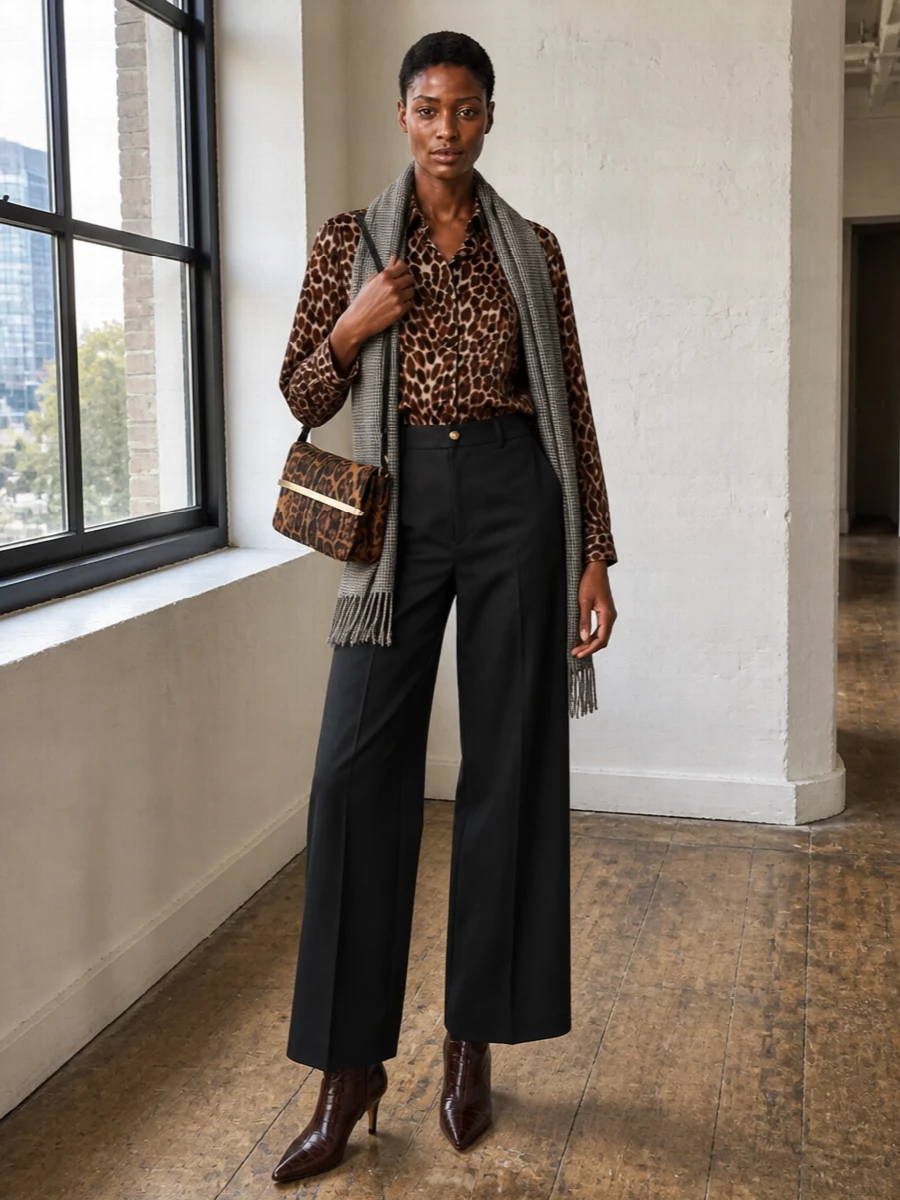 Parosh leopard shirt black wide leg trousers