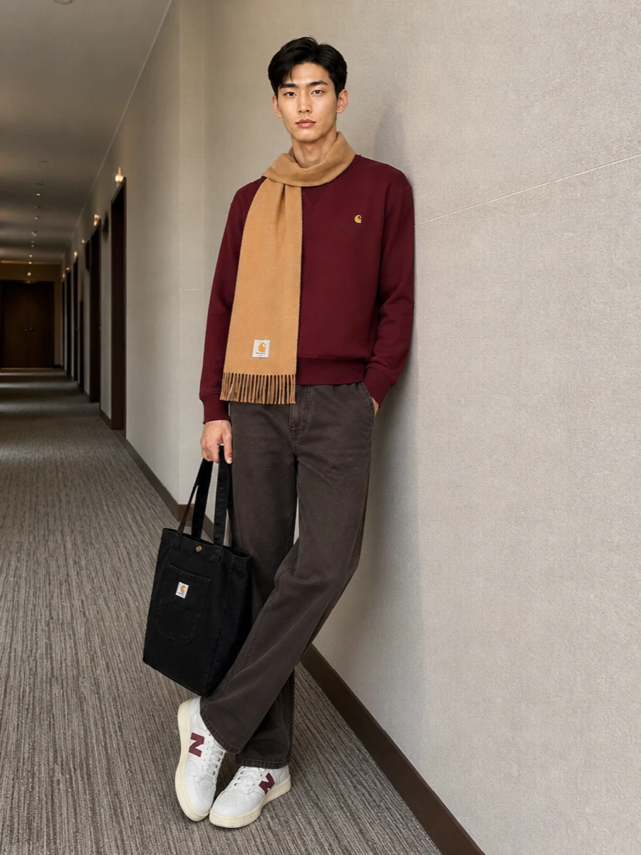 Burgundy up top and deep brown on the leg create a grounded, autumn palette that feels easy but considered. Clean straight trousers keep the silhouette simple so the colour story can do the work, while the off white court sneakers lighten everything just enough. The black canvas tote and camel scarf finish it with practical, city-ready texture that still reads quietly workwear-driven.