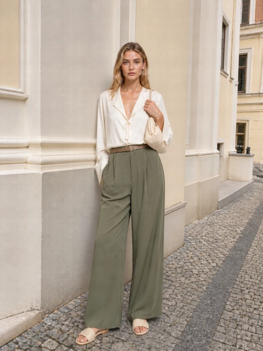 Olive wide-leg trousers set a soft foundation for the liquid ivory blouse, creating a relaxed column that feels calm and refined. Cream slides and a buttercream shoulder bag keep the mood light, with a slim taupe belt adding just enough definition at the waist. The result is an easy warm-weather outfit that moves from quiet city days to low-key dinners with understated polish.