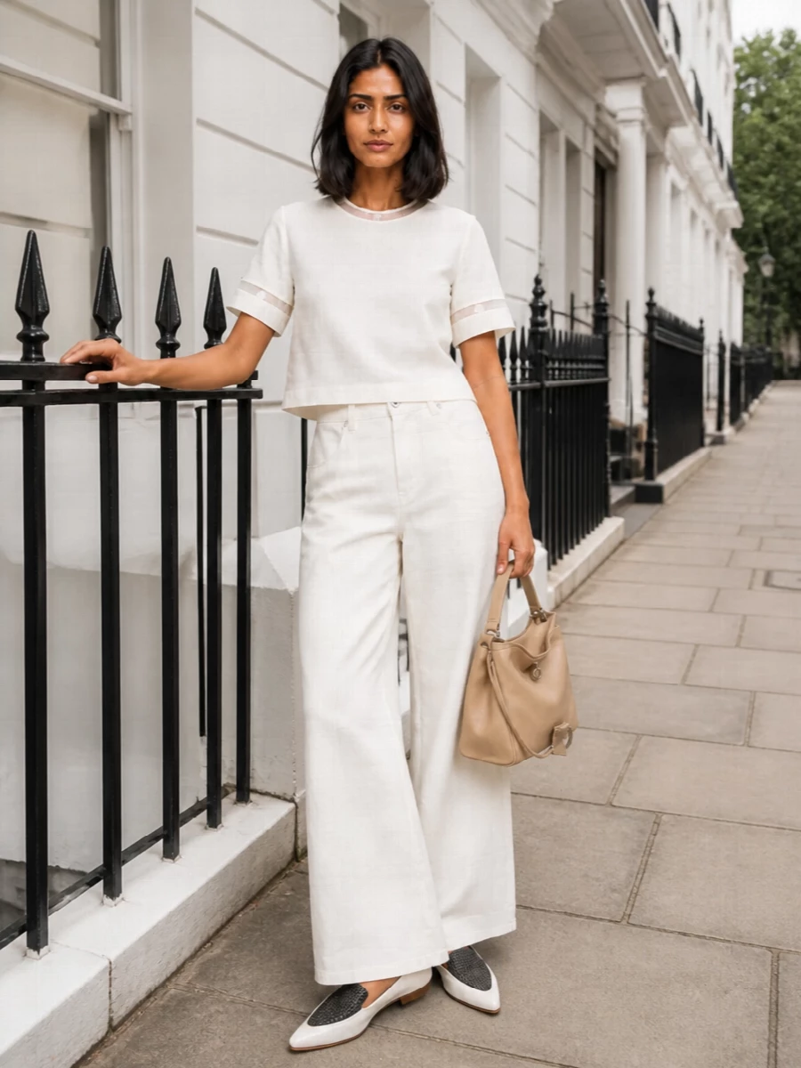 An ivory-on-ivory column keeps the mood calm and precise, with the boxy blouse sitting cleanly over the fluid wide-leg trouser. Graphic pointed flats and a structured nude-beige satchel introduce just enough contrast while staying firmly in a quiet luxury register. The result is relaxed tailoring that feels equally at home in a gallery afternoon or a low-key client lunch.