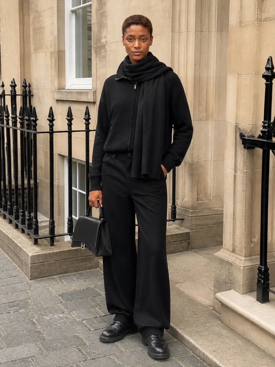 Balenciaga black funnel neck sweater wide leg pants