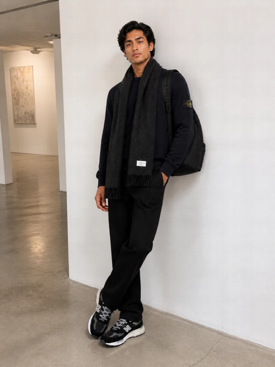 Stone island navy sweatshirt black trousers outfit