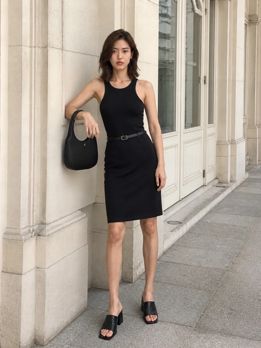 Courreges black racerback dress mules bag