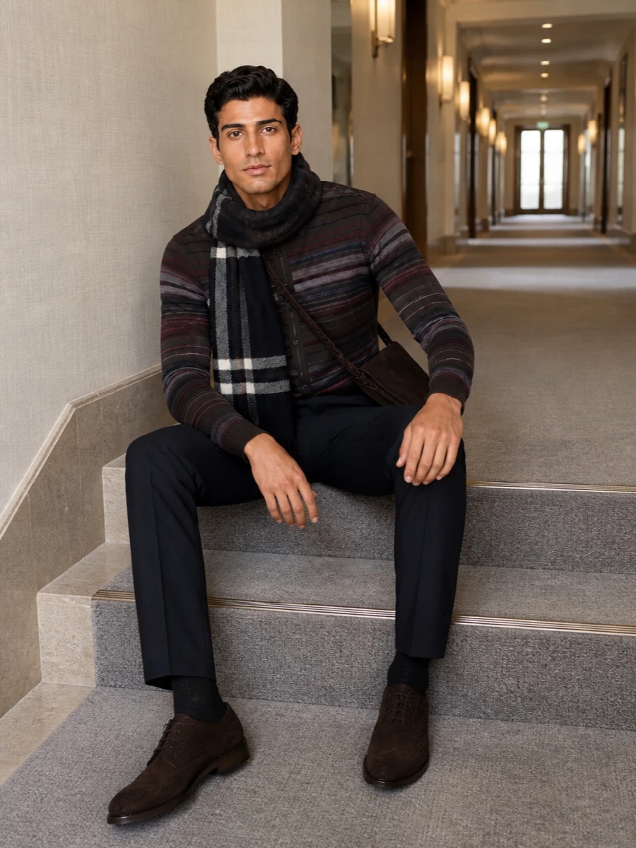 Paul smith striped shirt navy trousers outfit