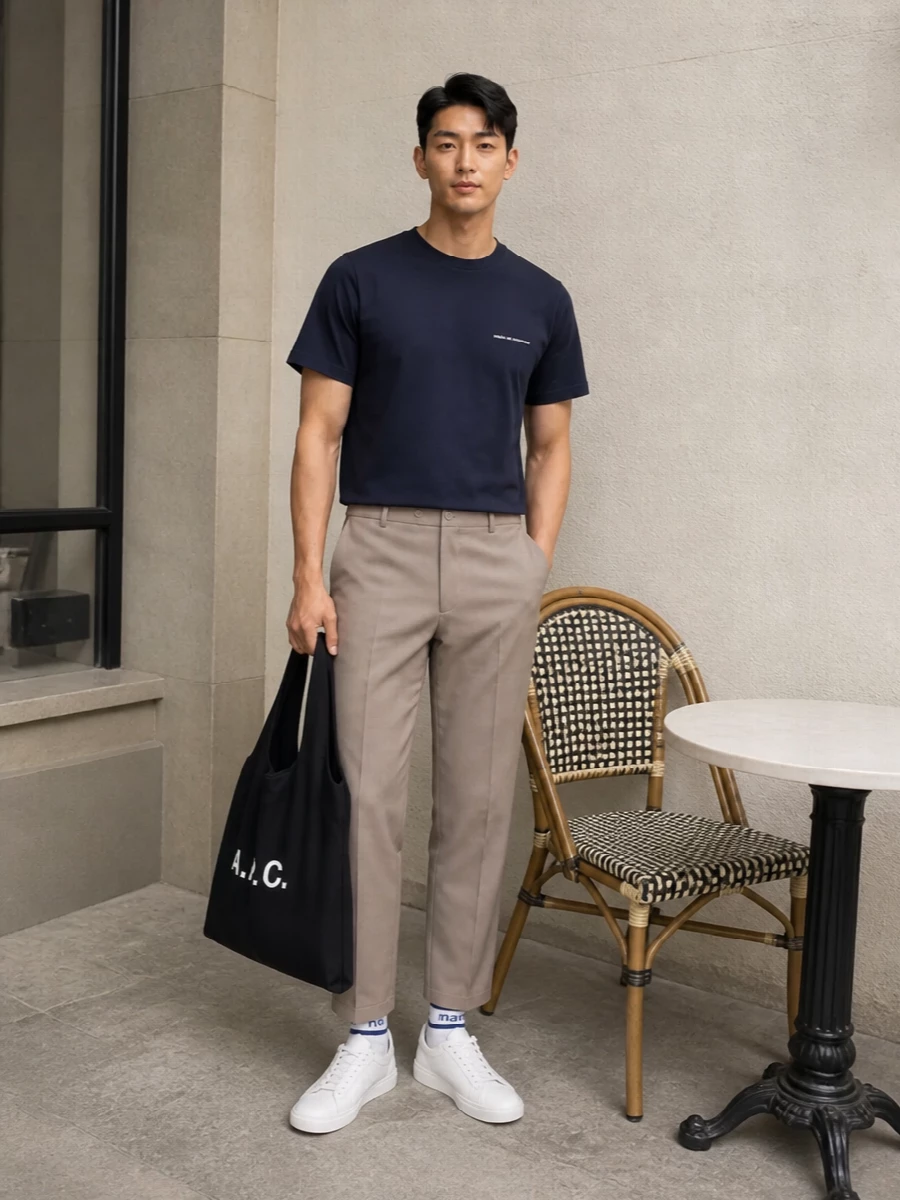 Drole de monsieur navy tee taupe chinos outfit