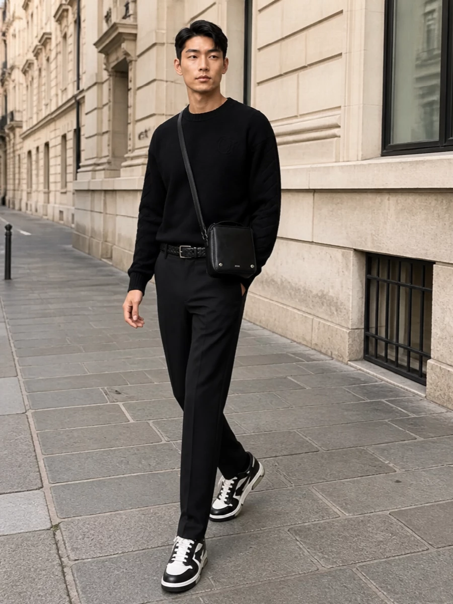 Off white black knit trousers streetwear outfit