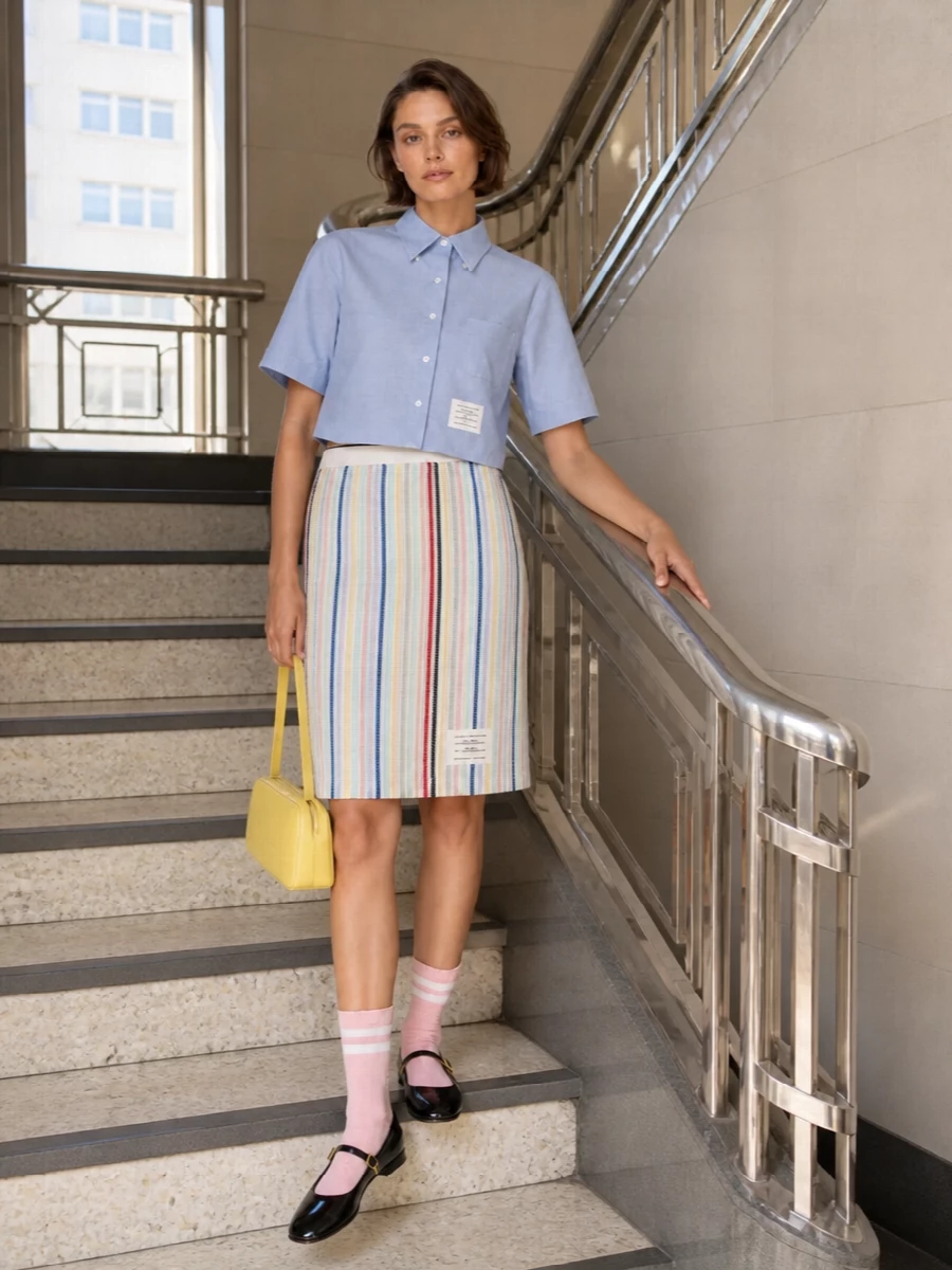 This look leans into Thom Browne’s collegiate tailoring: the sorbet-striped knit skirt is grounded by a crisp, cropped pale-blue shirt for a clean, preppy SS silhouette. Patent double-strap Mary Janes and blush socks keep the mood youthful yet polished, while the lemon-yellow shoulder bag adds a sharp, contemporary jolt of colour that ties back to the skirt’s pastel stripes without disrupting its quiet-luxury balance. The result is neat, graphic and light—perfect for a modern city uniform in warm weather.