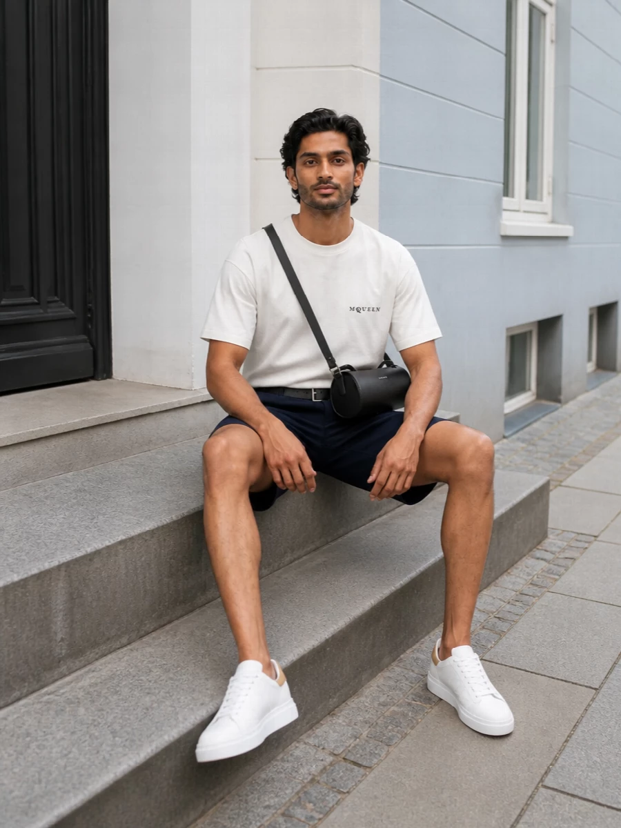 Alexander mcqueen navy shorts white tee sneakers