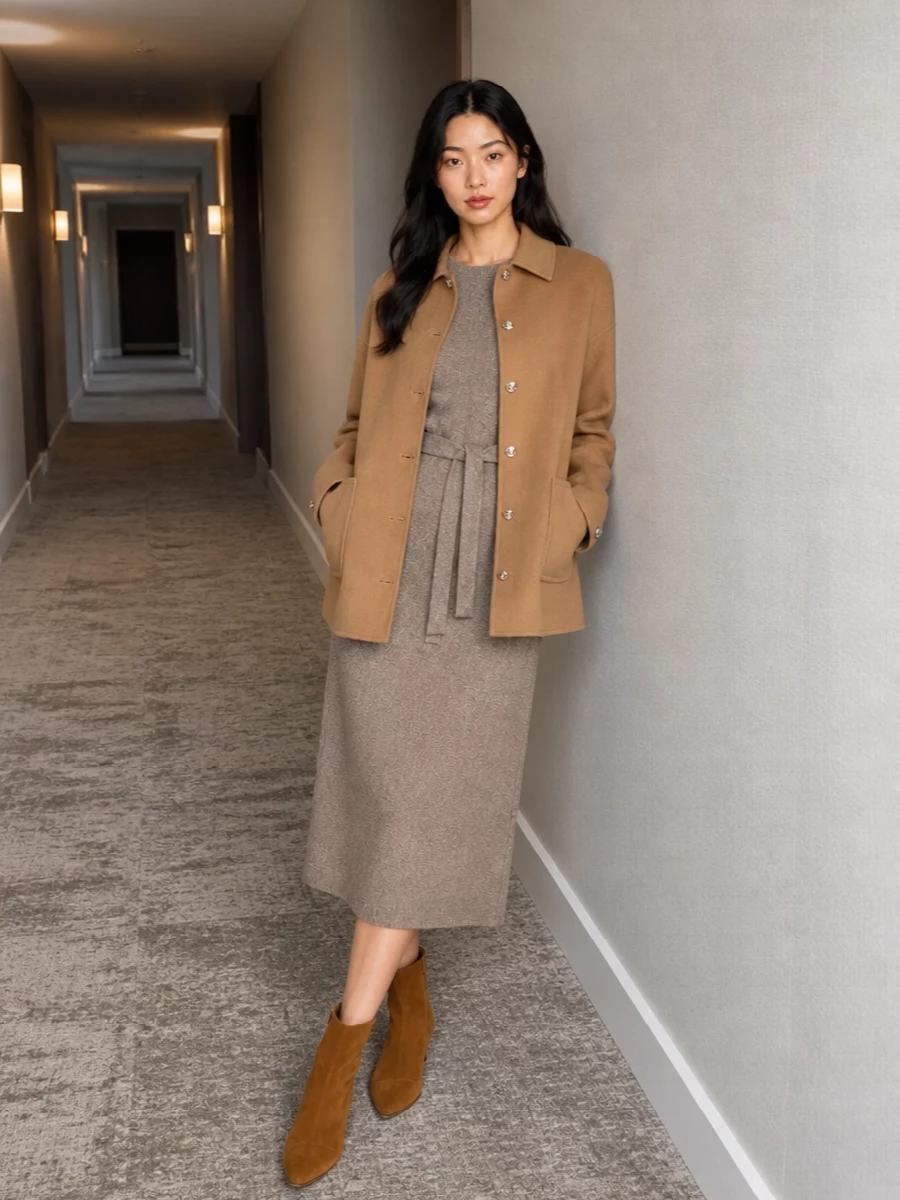 I chose the dress route, building a tonal knit-and-camel story that keeps the Anine Bing coat as a softly structured layer rather than competing with denim and a separate top. The taupe belted midi, camel suede ankle boots and structured camel bag create a long, clean column, with subtle shifts in texture that feel considered from daytime meetings to low-key dinners. It is an understated, monochrome winter ensemble that lets the coat’s shirt-jacket shape read modern and intentional.