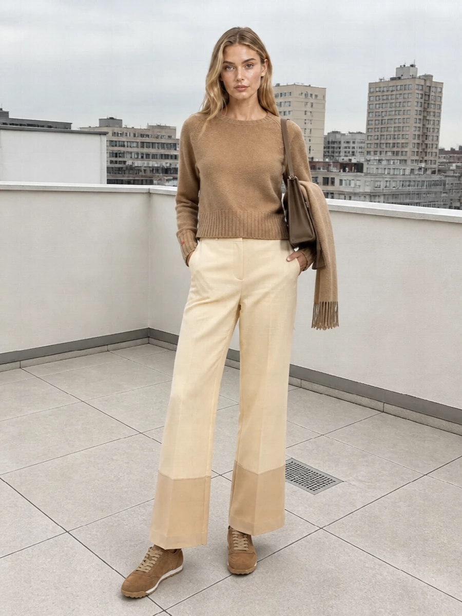 Tory burch camel sweater wide leg trousers outfit