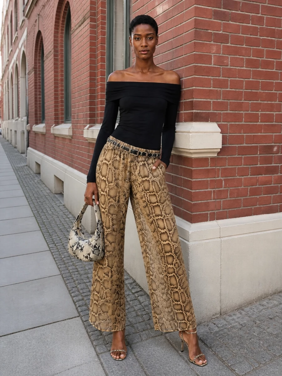 Andamane snake wide leg pants night outfit