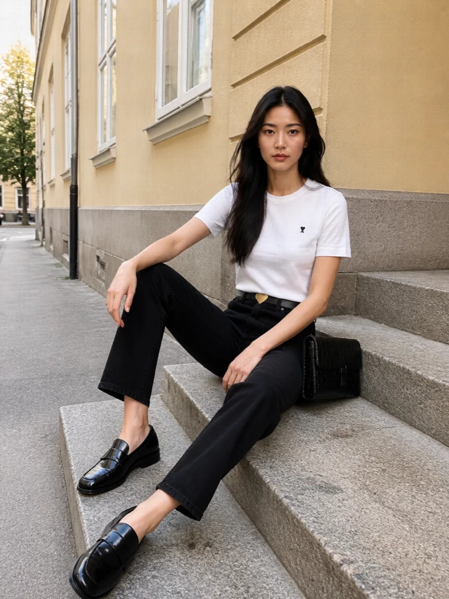 Ami tee toteme black jeans jacquemus loafers
