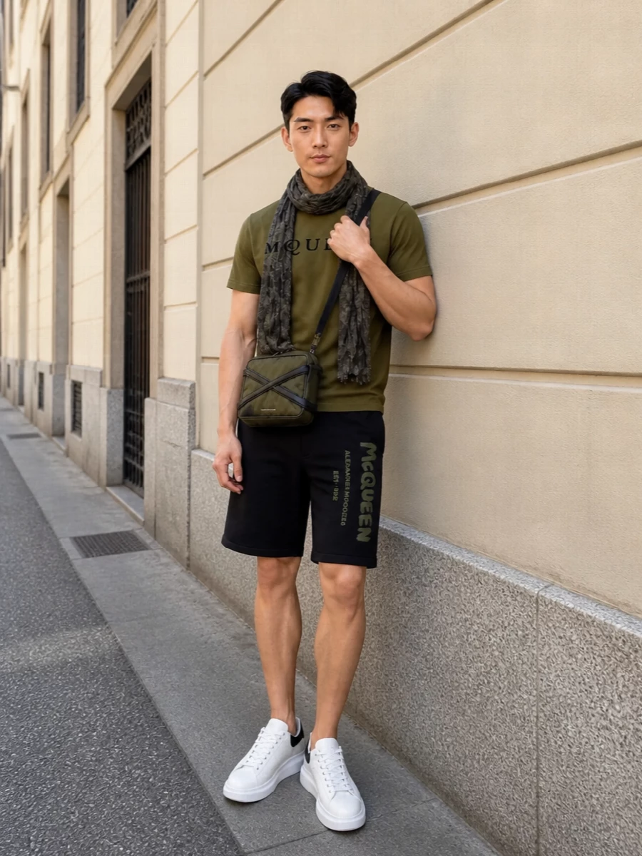 Alexander mcqueen olive tee black shorts outfit