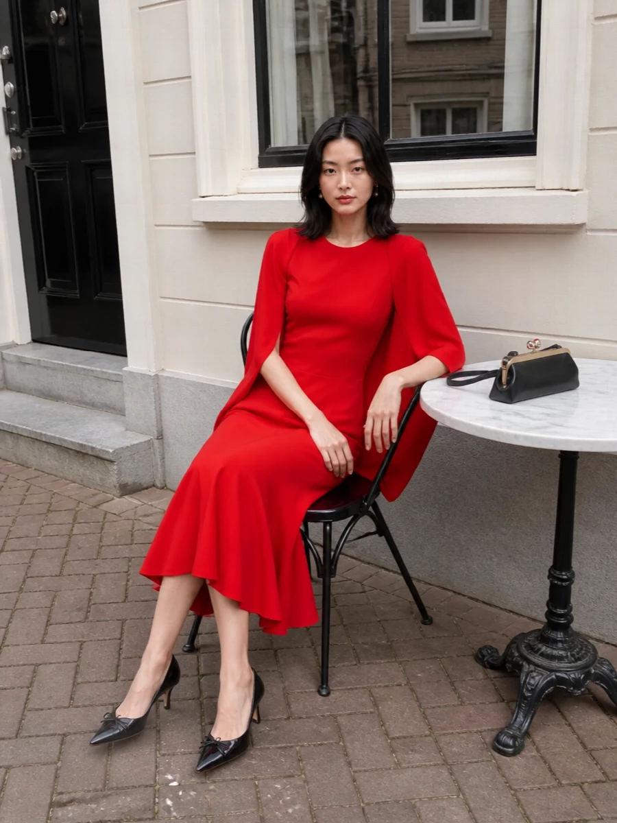 Jacquemus red cape dress black heels outfit