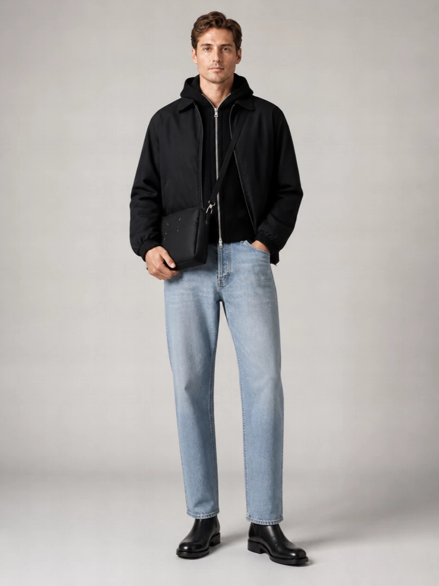 Our Legacy’s black bomber sits over a plush zip hoodie and high-waisted washed black denim for a unified dark, regular-line silhouette. Sleek leather boots and a slim Margiela crossbody keep everything refined, so the outfit reads quiet, modern and pulled together for cold city days.
