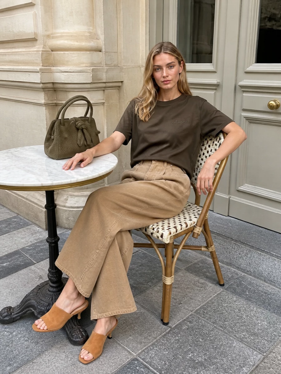Jacquemus olive tee camel wide leg trousers outfit